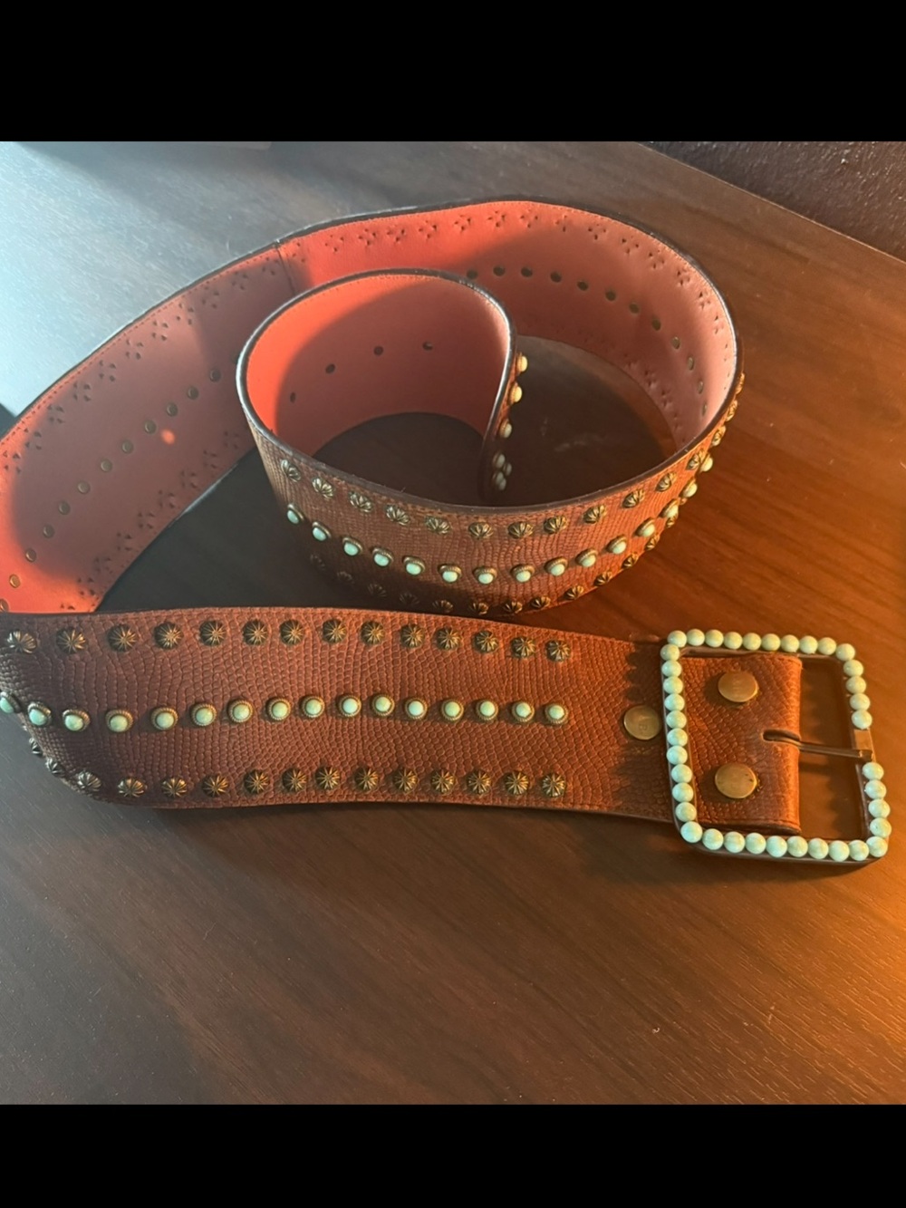 Studded Brown Leather Belt with Decorative Buckle